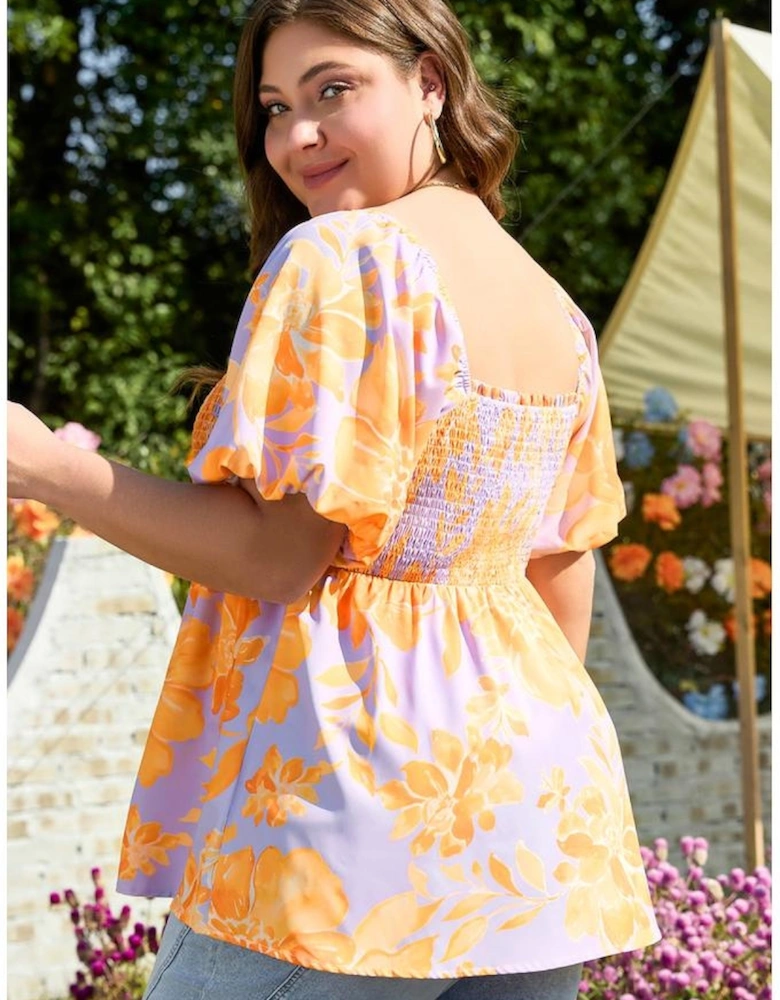 Purple Floral Puff Sleeve Square Neck Smocked Plus Size Babydoll Blouse