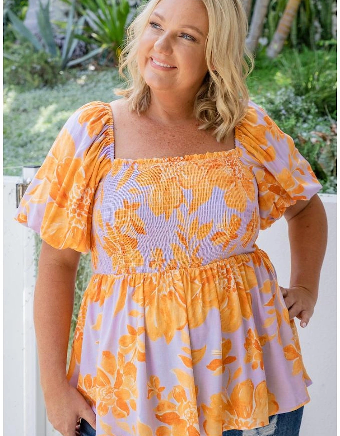 Purple Floral Puff Sleeve Square Neck Smocked Plus Size Babydoll Blouse