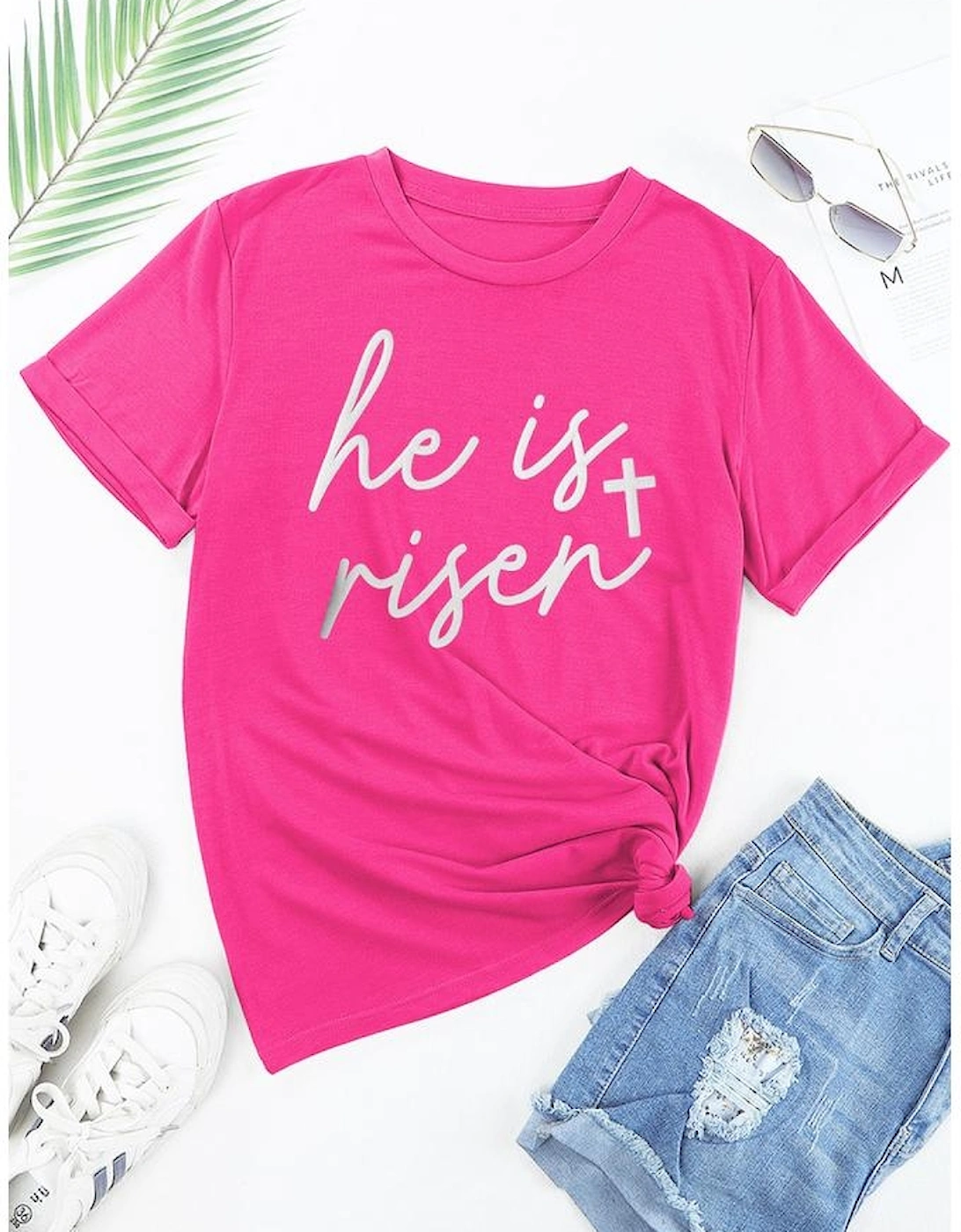 Rose Red Glitter he is risen Cross Printed Crewneck Tee, 7 of 6