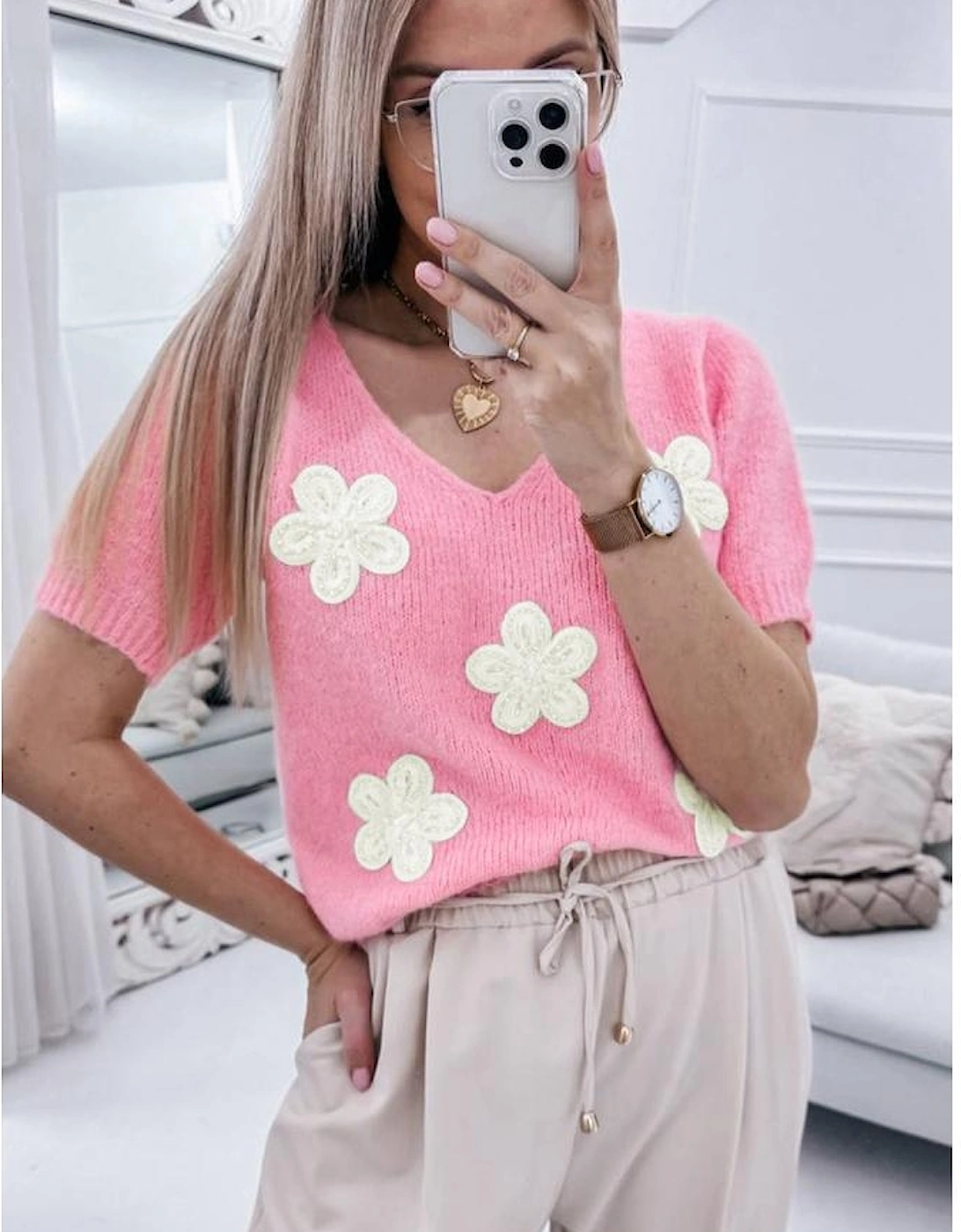 Pink Flower Crochet V Neck Short Sleeve Sweater