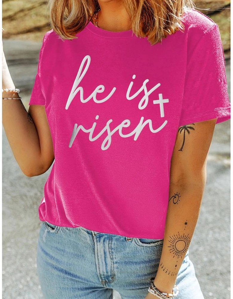 Rose Red Glitter he is risen Cross Printed Crewneck Tee