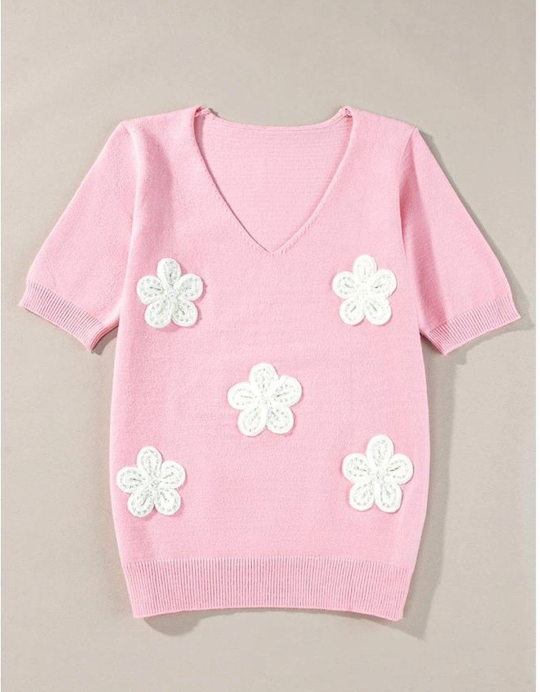 Pink Flower Crochet V Neck Short Sleeve Sweater