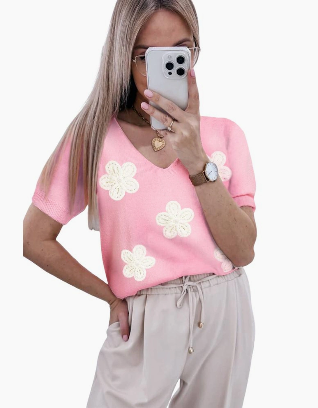 Pink Flower Crochet V Neck Short Sleeve Sweater