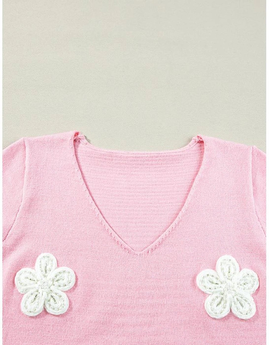 Pink Flower Crochet V Neck Short Sleeve Sweater