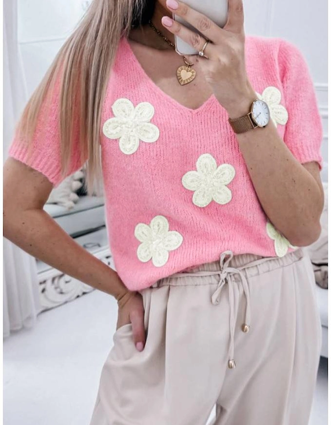 Pink Flower Crochet V Neck Short Sleeve Sweater, 10 of 9