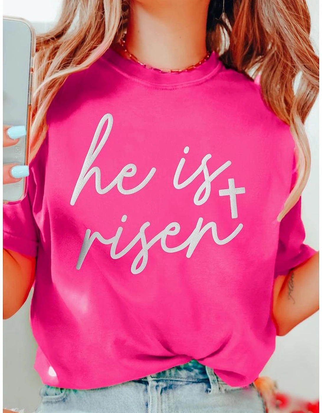 Rose Red Glitter he is risen Cross Printed Crewneck Tee