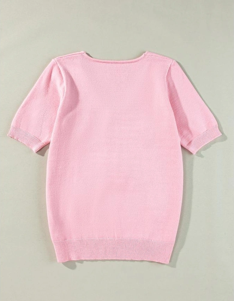 Pink Flower Crochet V Neck Short Sleeve Sweater