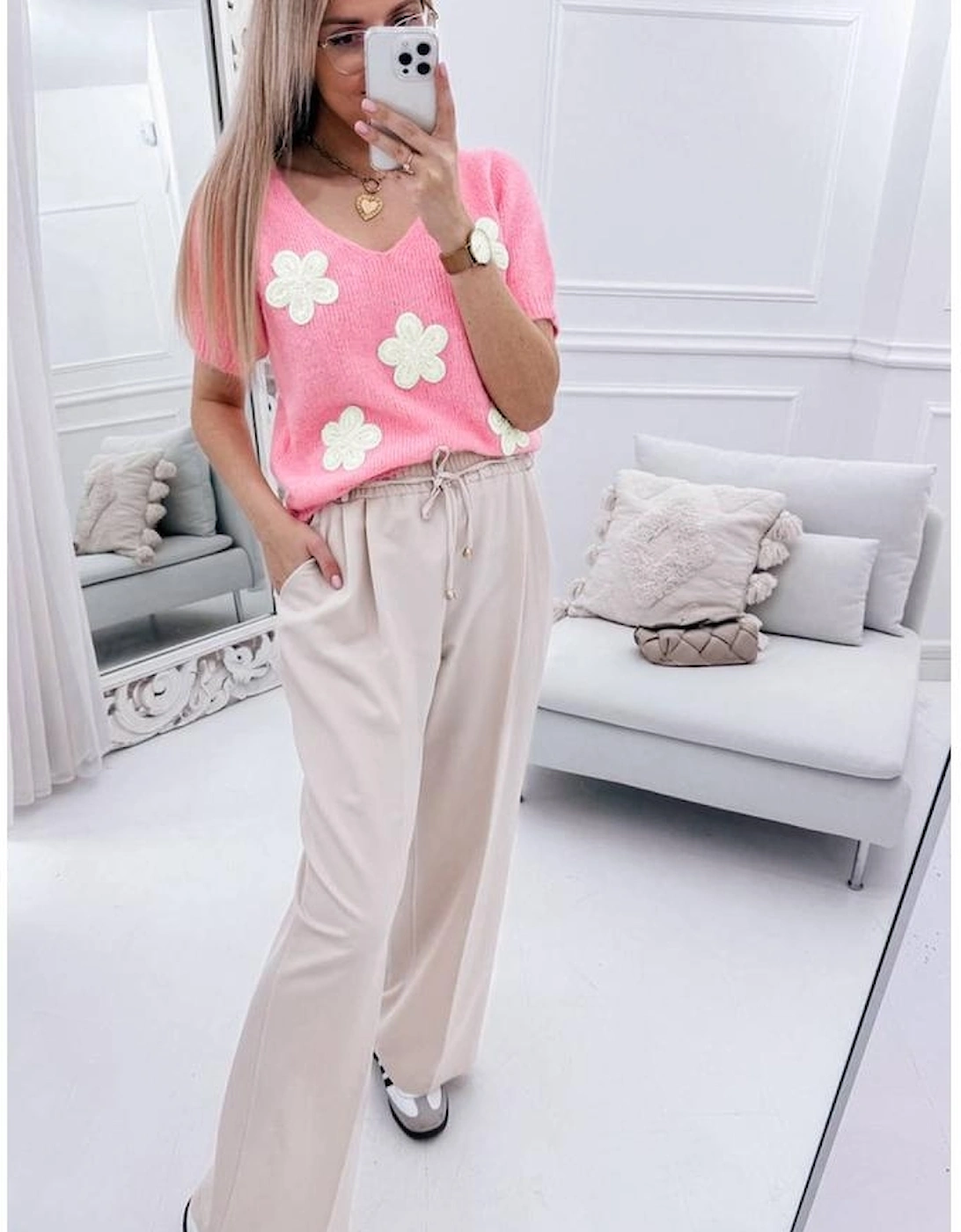 Pink Flower Crochet V Neck Short Sleeve Sweater