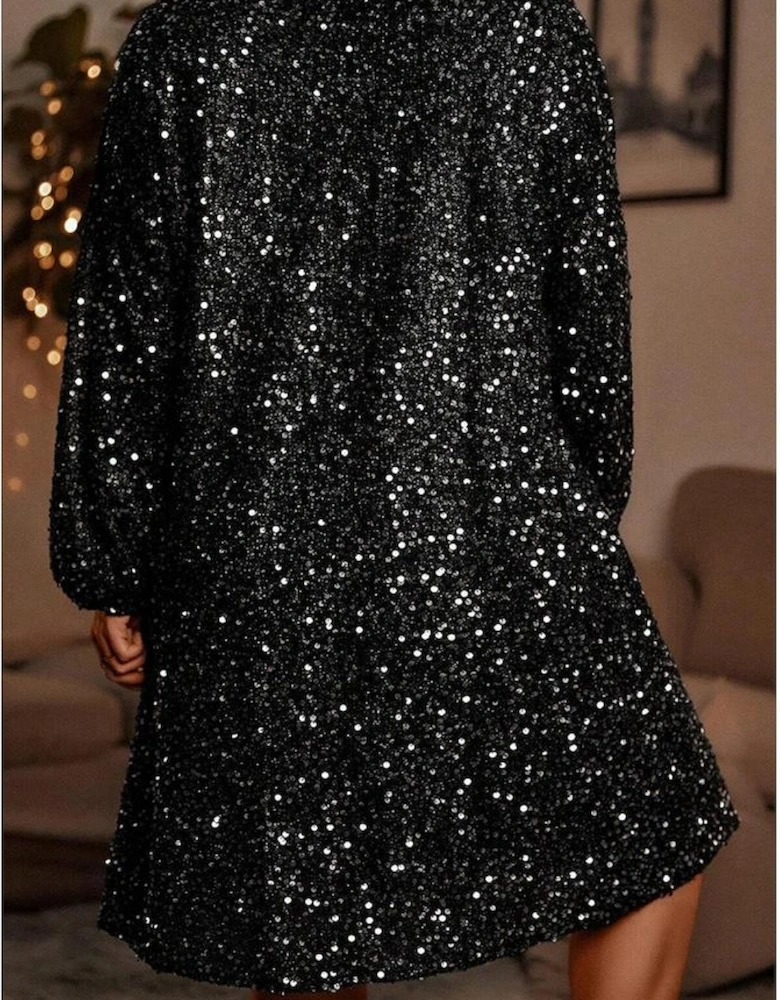 Color black Plus Size Bubble Sleeve V Neck Sequin Dress