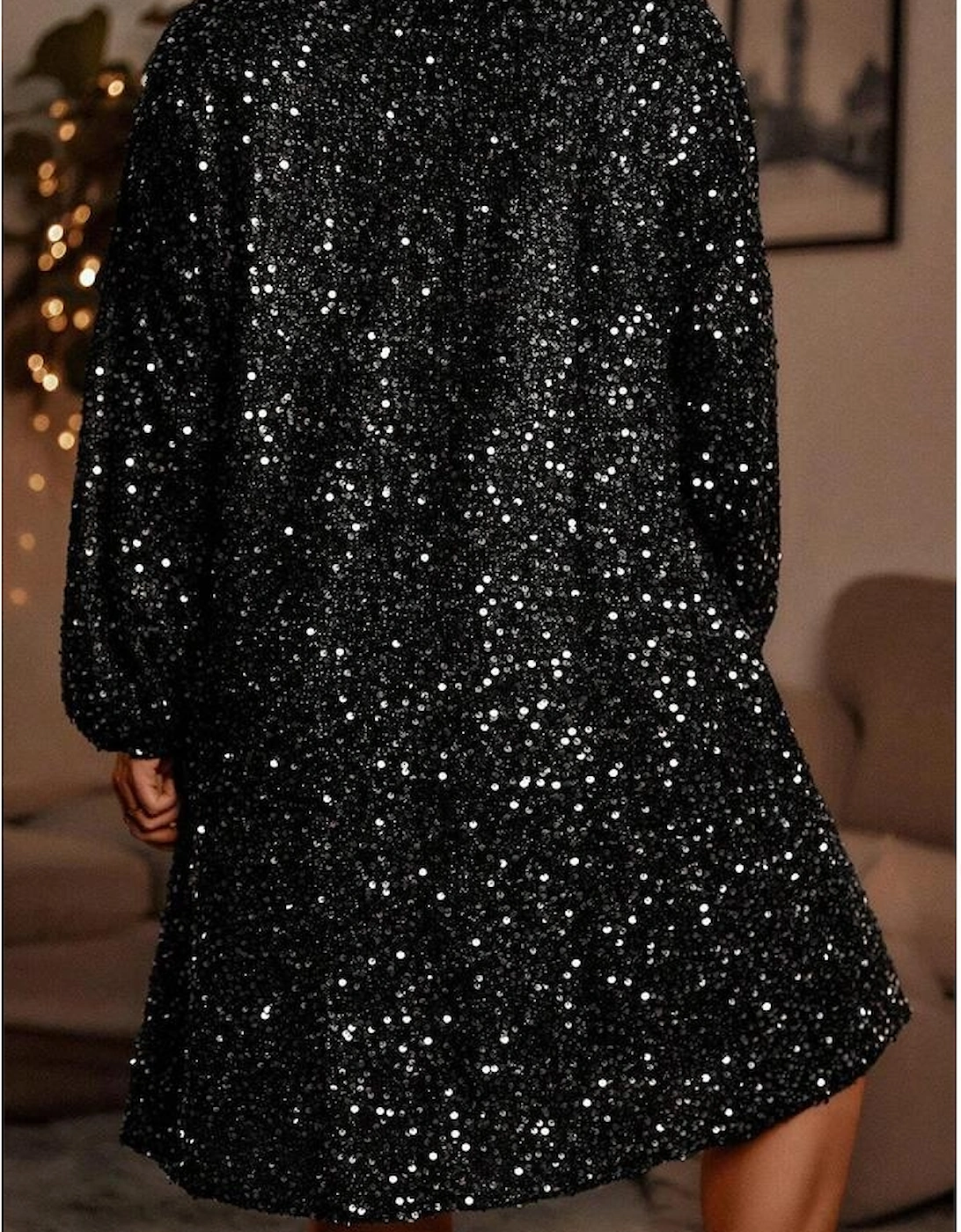 Color black Plus Size Bubble Sleeve V Neck Sequin Dress