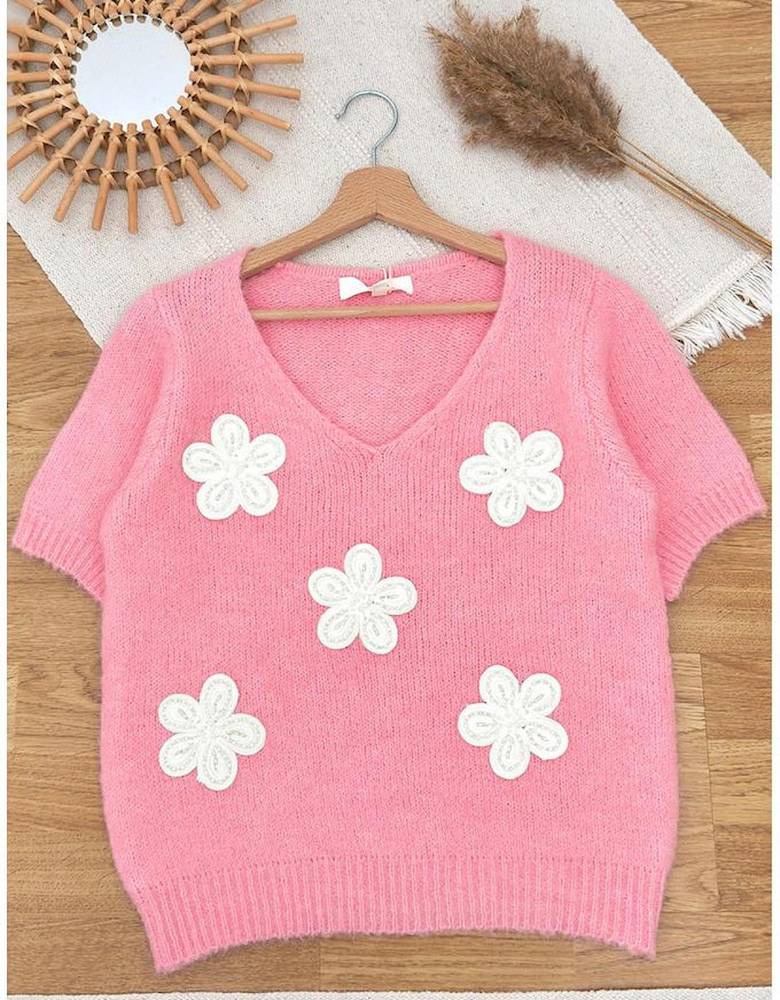 Pink Flower Crochet V Neck Short Sleeve Sweater