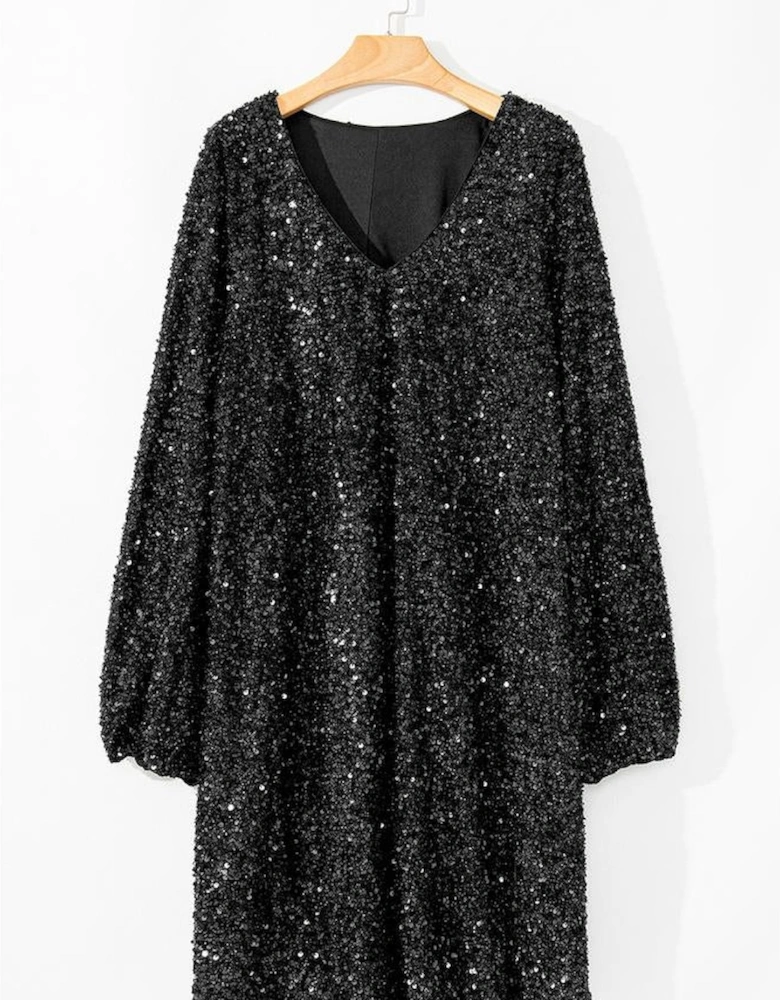 Color black Plus Size Bubble Sleeve V Neck Sequin Dress