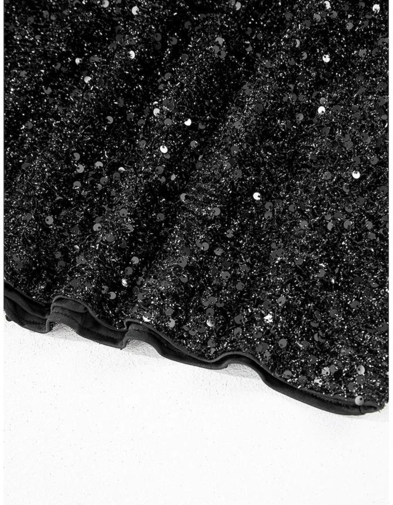 Color black Plus Size Bubble Sleeve V Neck Sequin Dress