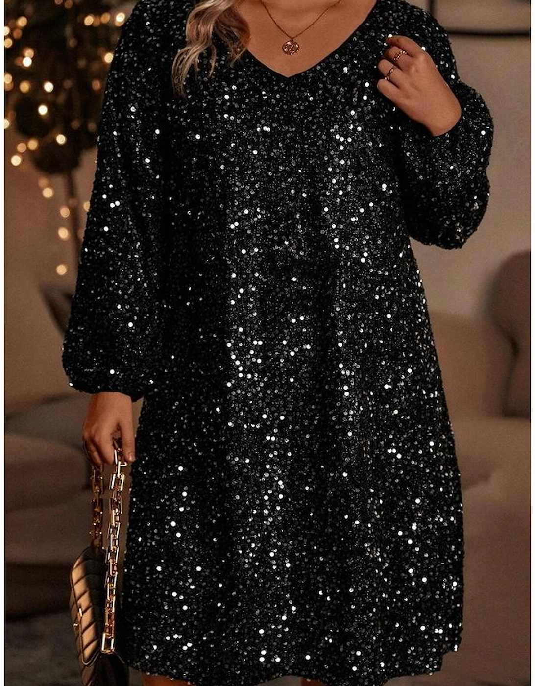 Color black Plus Size Bubble Sleeve V Neck Sequin Dress