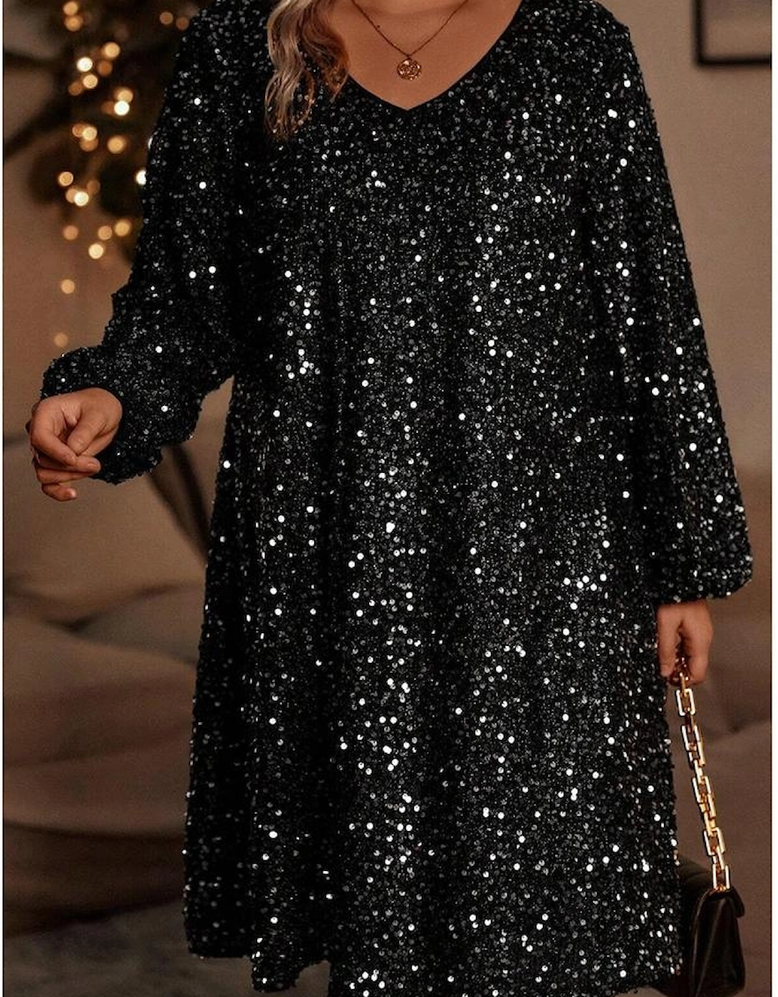 Color black Plus Size Bubble Sleeve V Neck Sequin Dress