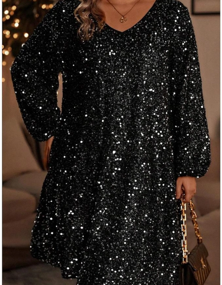 Color black Plus Size Bubble Sleeve V Neck Sequin Dress