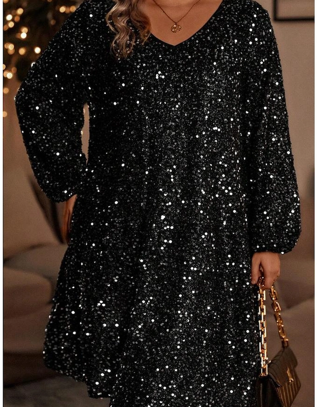 Color black Plus Size Bubble Sleeve V Neck Sequin Dress