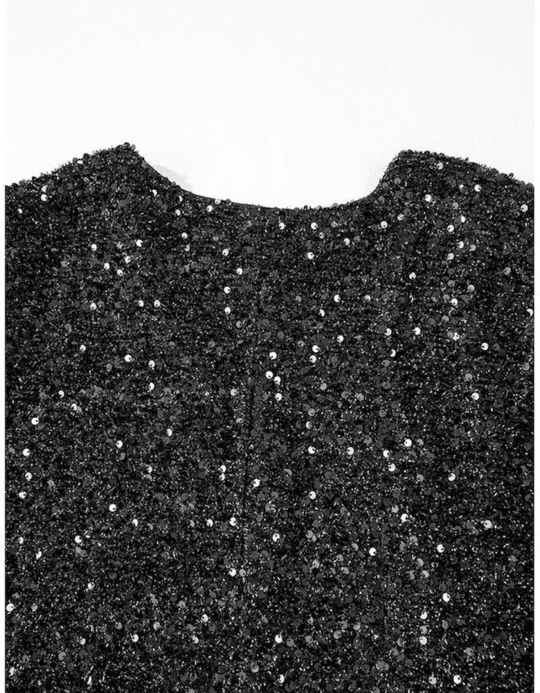 Color black Plus Size Bubble Sleeve V Neck Sequin Dress