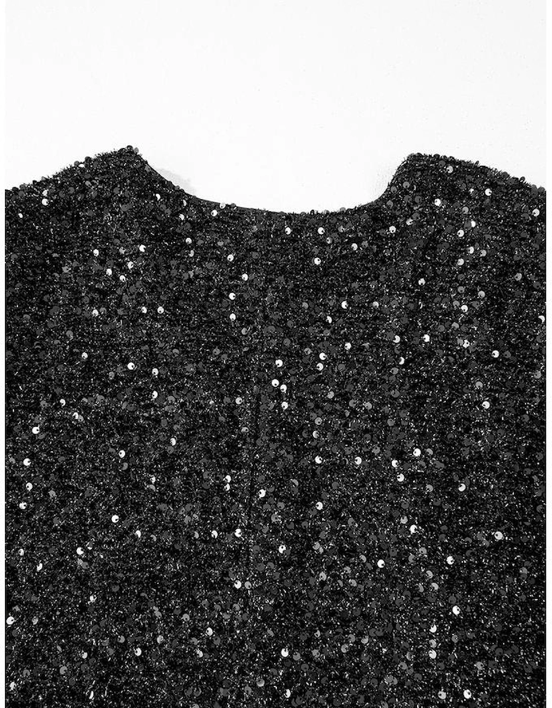 Color black Plus Size Bubble Sleeve V Neck Sequin Dress