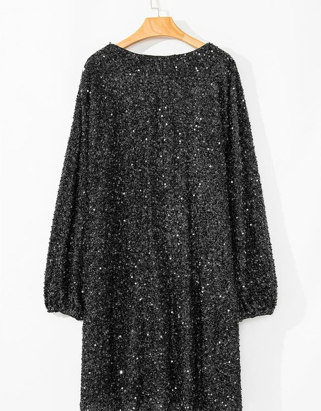 Color black Plus Size Bubble Sleeve V Neck Sequin Dress