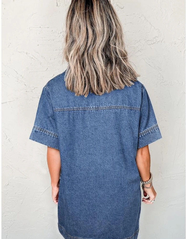 Blue Short Sleeve Collared Patched Pocket Denim Mini Dress