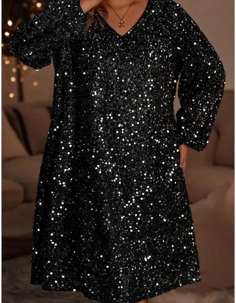 Color black Plus Size Bubble Sleeve V Neck Sequin Dress