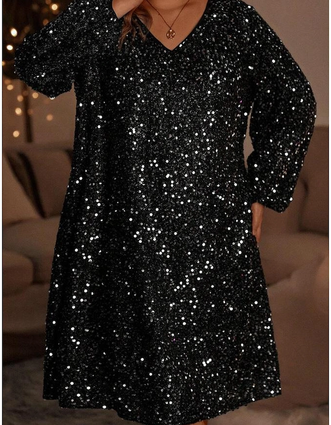 Color black Plus Size Bubble Sleeve V Neck Sequin Dress