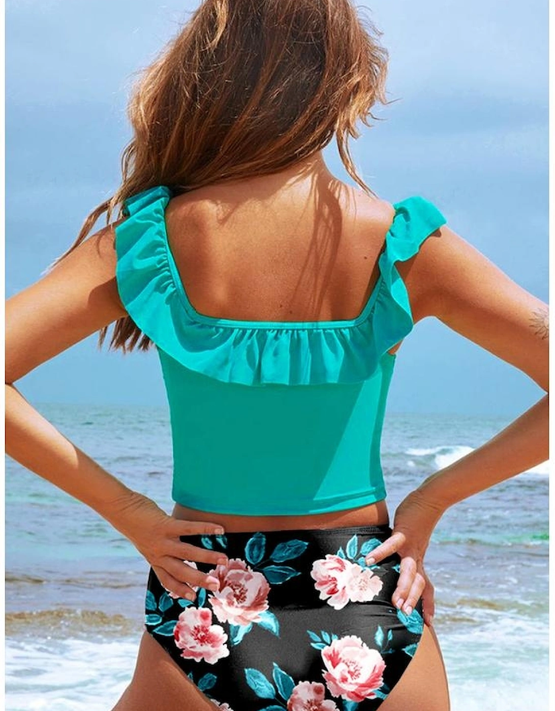 Sea Green Solid Ruffled Square Neck Swim Top and Floral Shorts Bikini Set