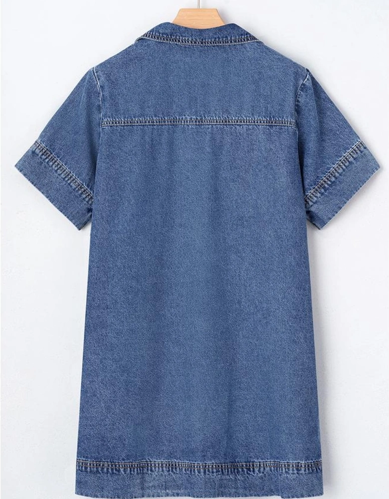 Blue Short Sleeve Collared Patched Pocket Denim Mini Dress