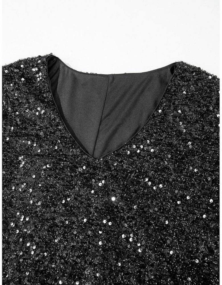 Color black Plus Size Bubble Sleeve V Neck Sequin Dress