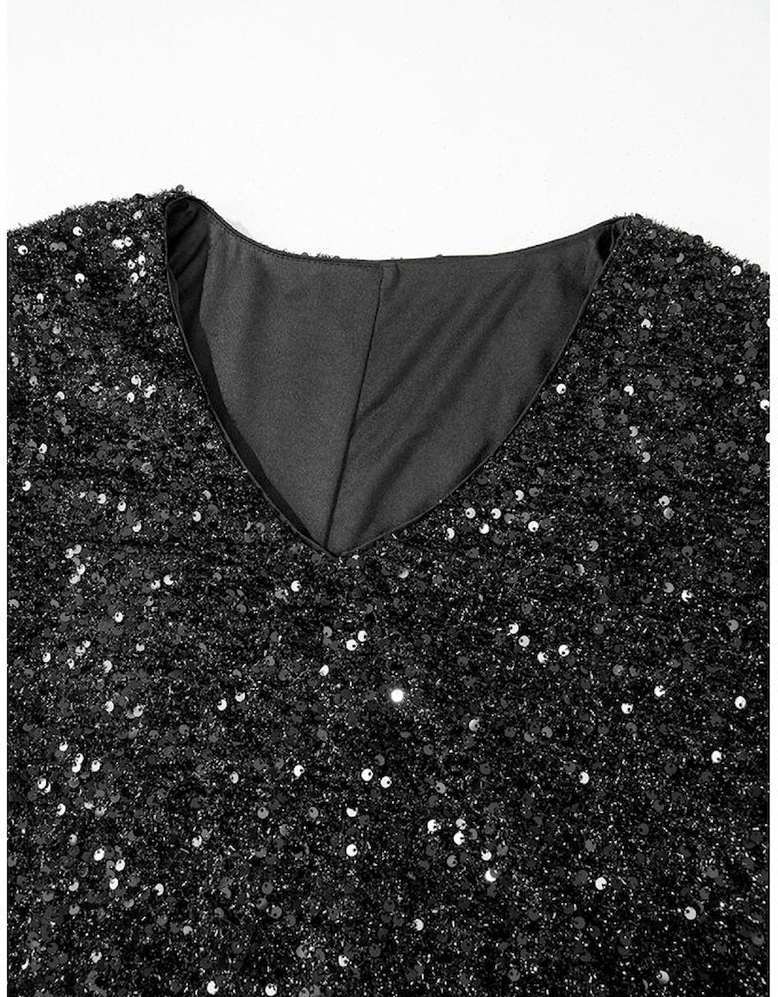 Color black Plus Size Bubble Sleeve V Neck Sequin Dress