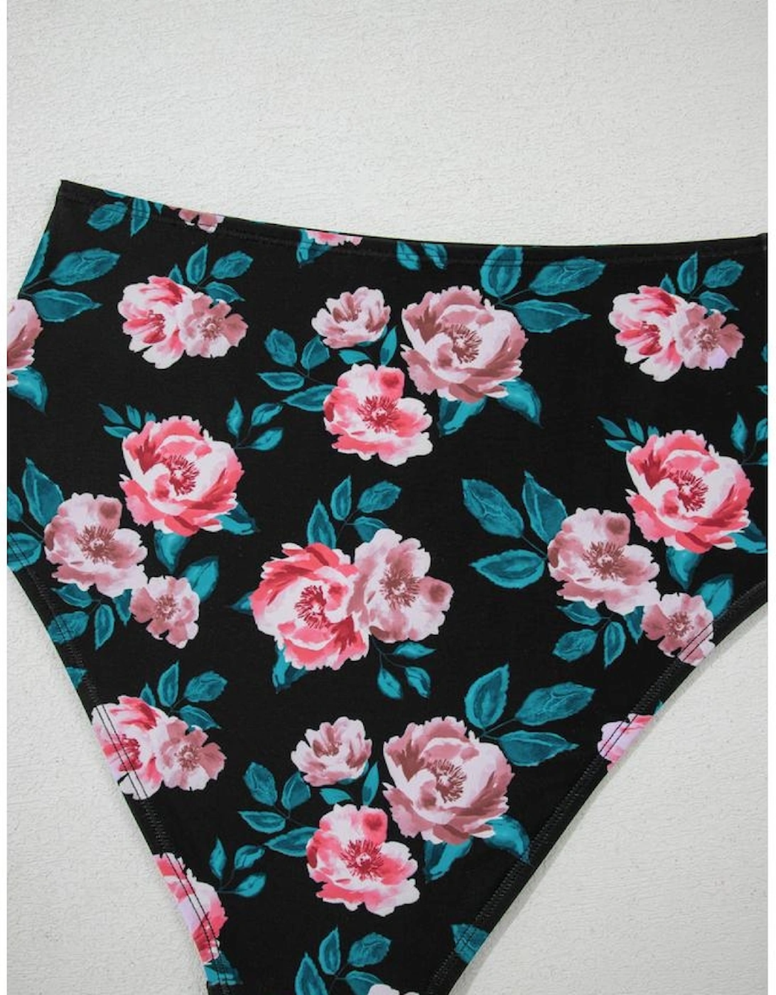 Sea Green Solid Ruffled Square Neck Swim Top and Floral Shorts Bikini Set