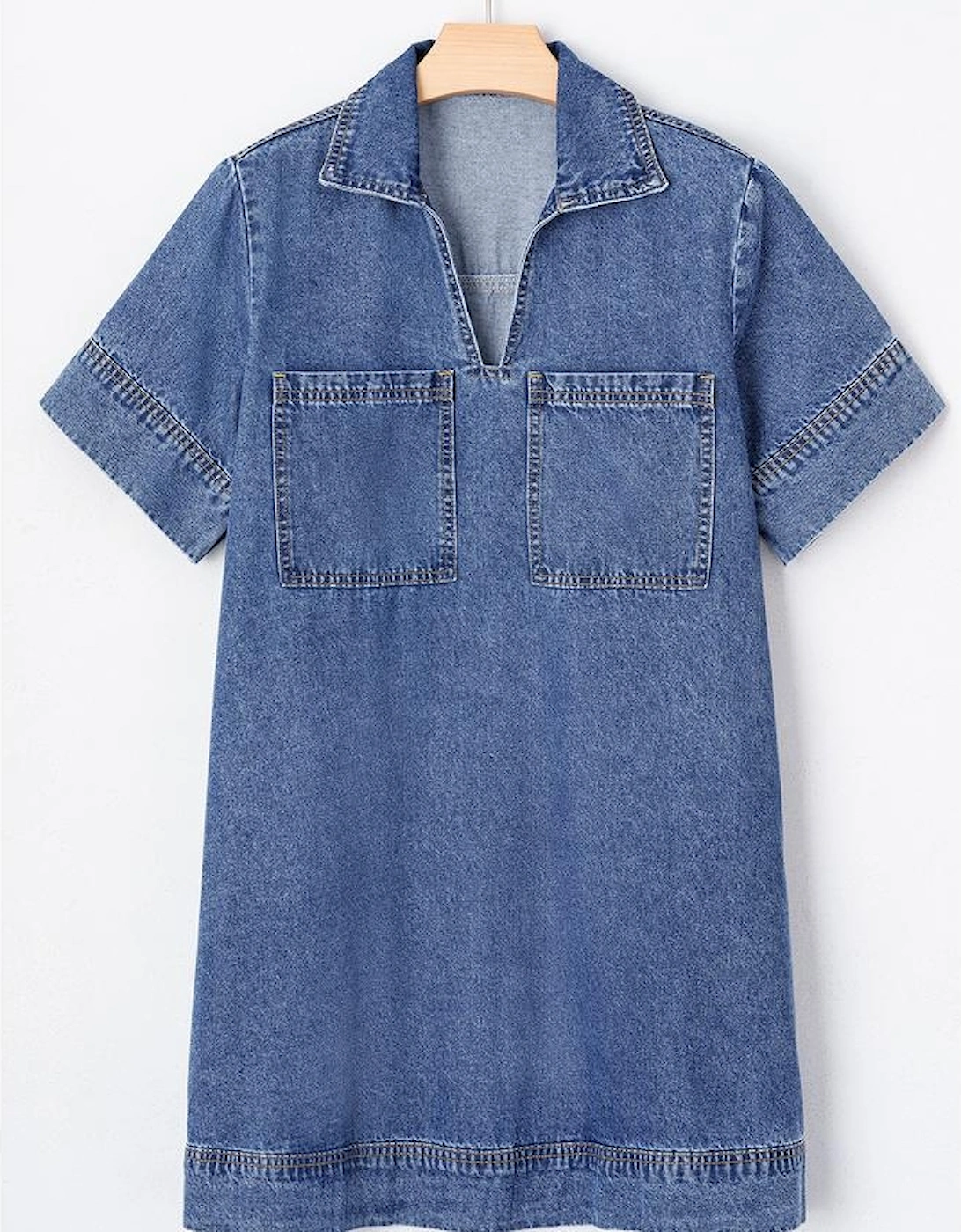 Blue Short Sleeve Collared Patched Pocket Denim Mini Dress