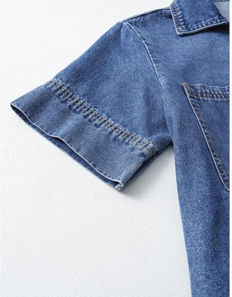 Blue Short Sleeve Collared Patched Pocket Denim Mini Dress