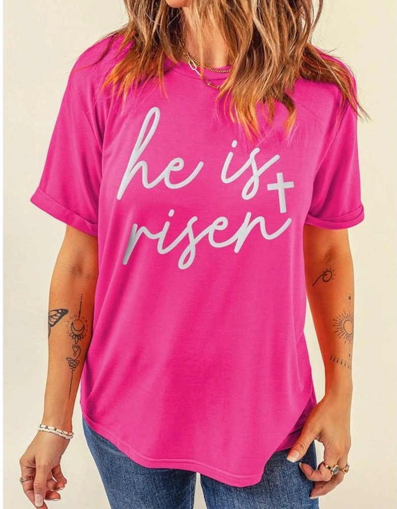 Rose Red Glitter he is risen Cross Printed Crewneck Tee