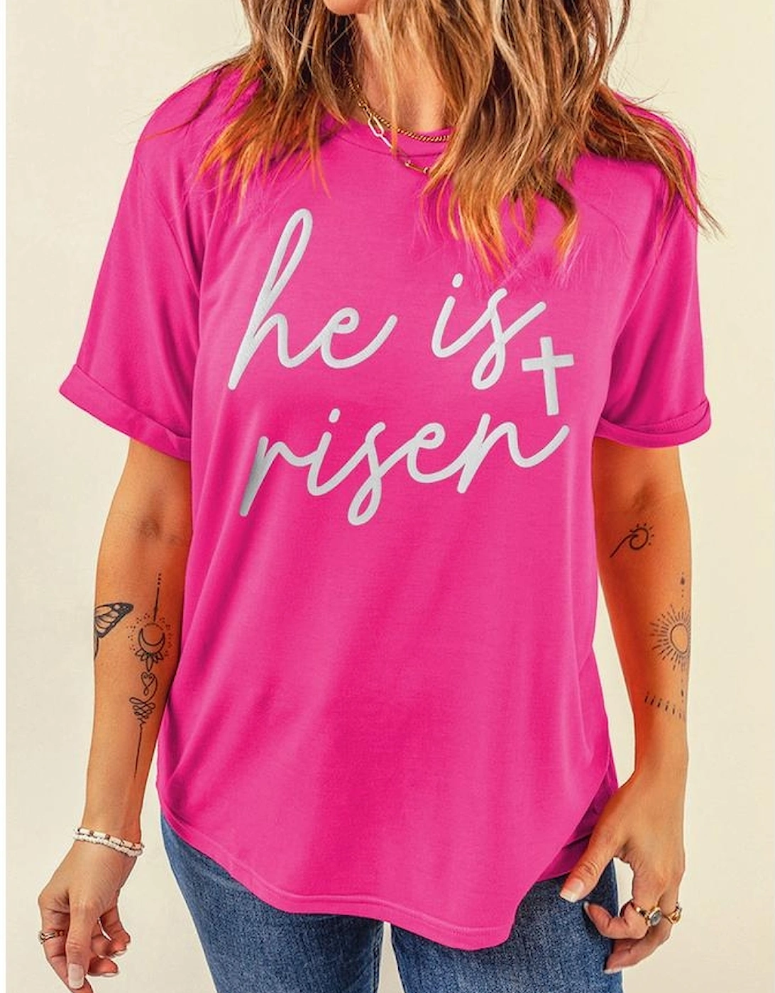 Rose Red Glitter he is risen Cross Printed Crewneck Tee