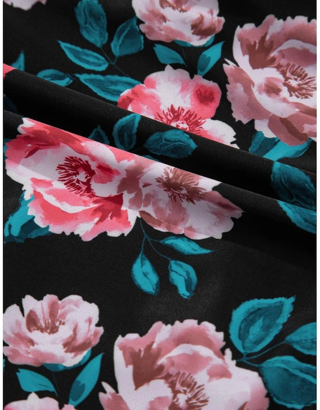 Sea Green Solid Ruffled Square Neck Swim Top and Floral Shorts Bikini Set