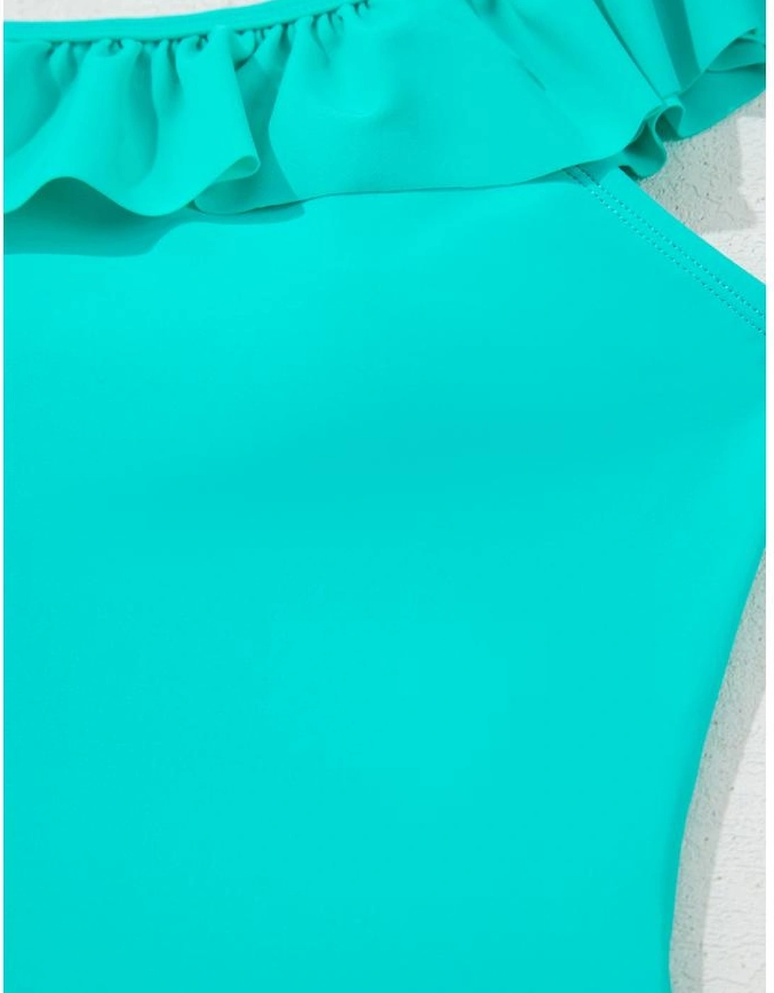 Sea Green Solid Ruffled Square Neck Swim Top and Floral Shorts Bikini Set