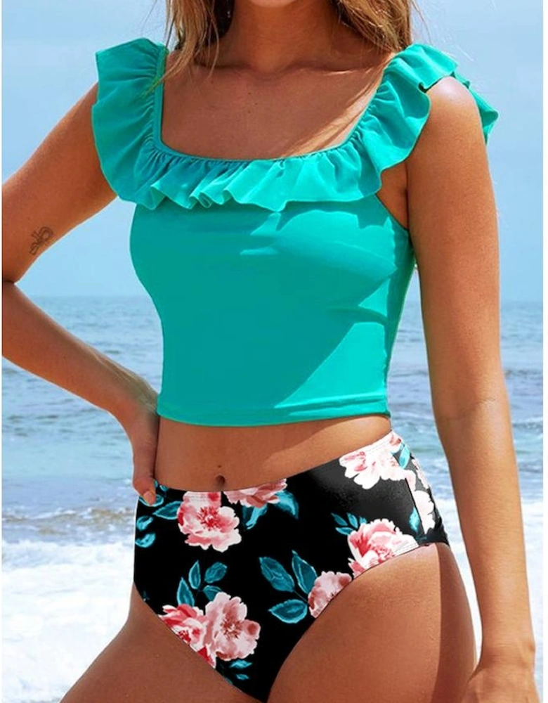 Sea Green Solid Ruffled Square Neck Swim Top and Floral Shorts Bikini Set