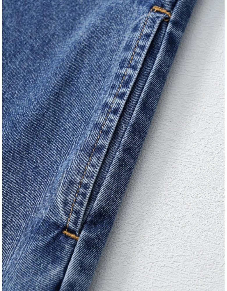 Blue Short Sleeve Collared Patched Pocket Denim Mini Dress