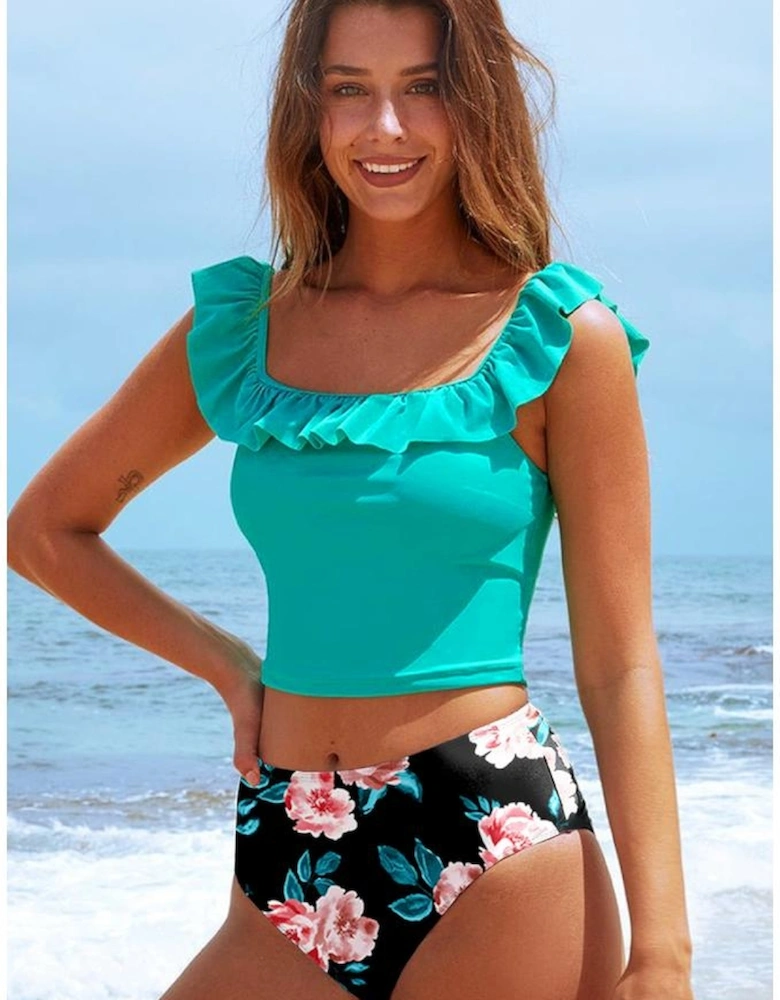 Sea Green Solid Ruffled Square Neck Swim Top and Floral Shorts Bikini Set