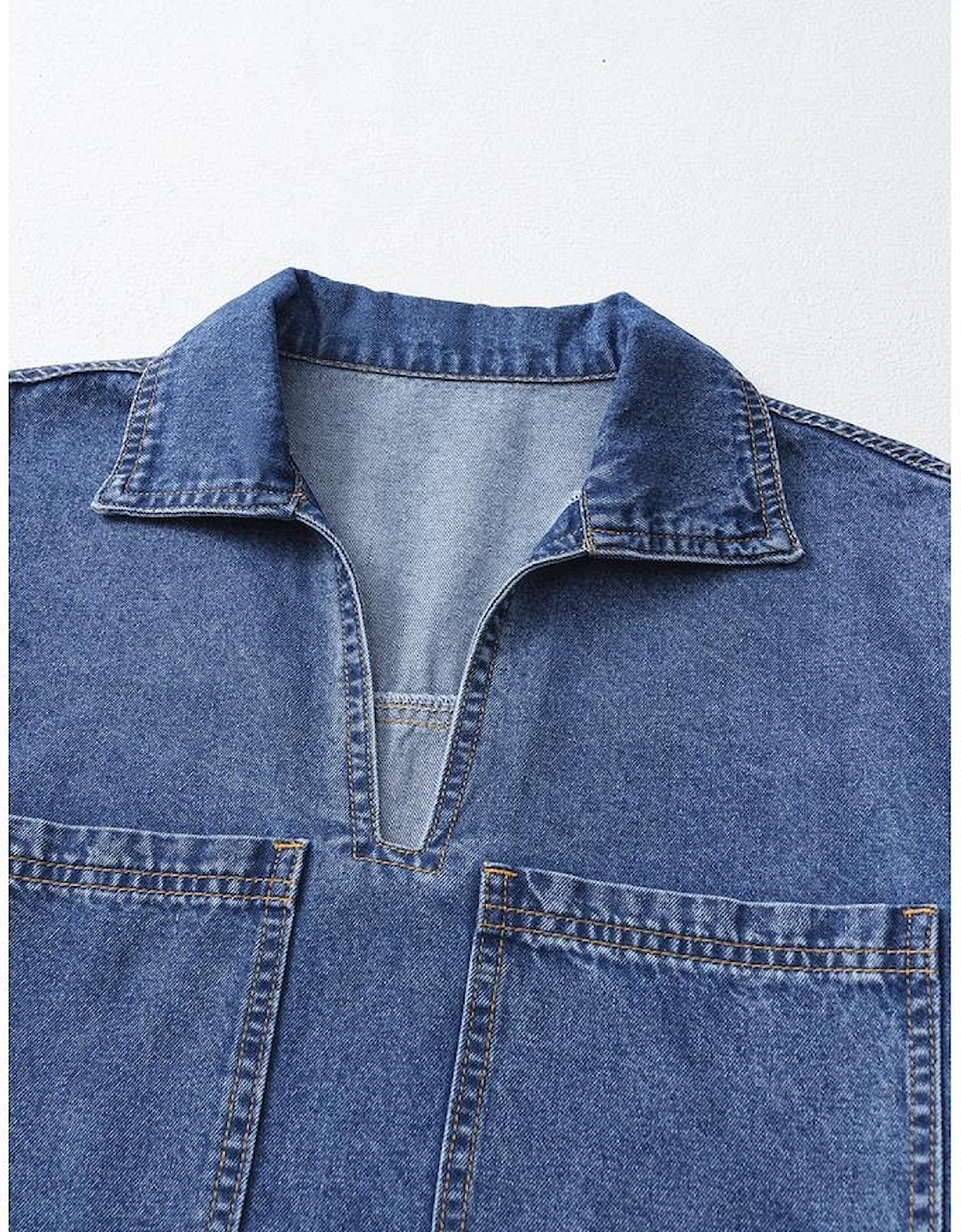 Blue Short Sleeve Collared Patched Pocket Denim Mini Dress