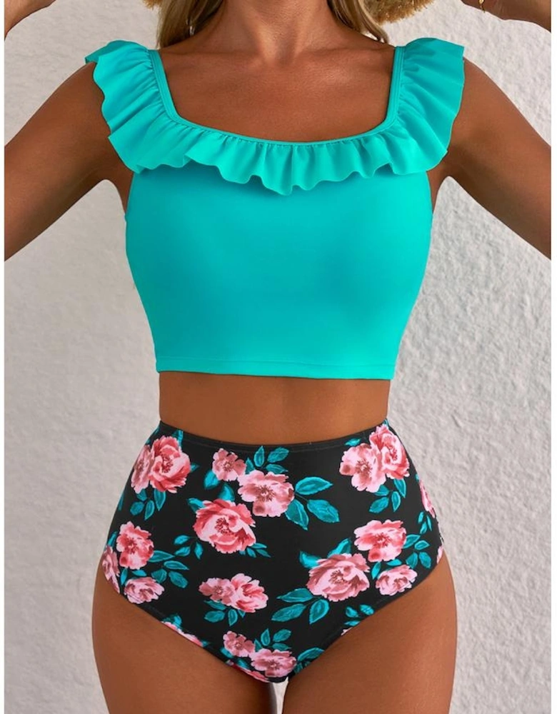 Sea Green Solid Ruffled Square Neck Swim Top and Floral Shorts Bikini Set