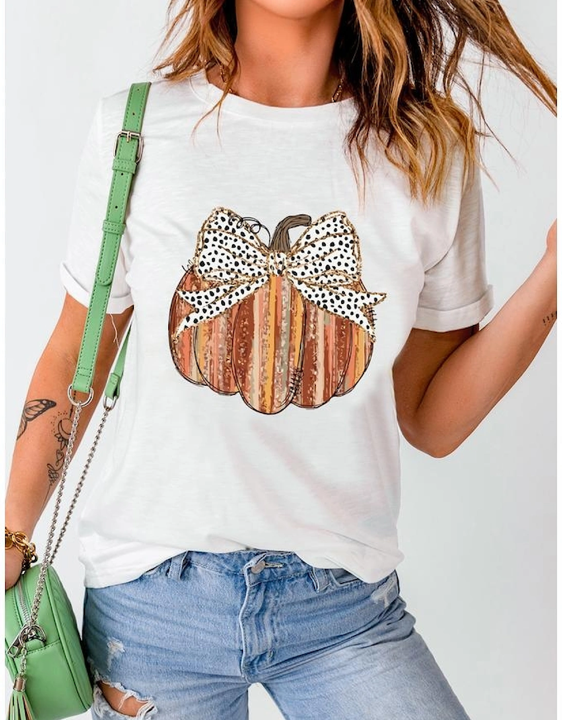 White Thanksgiving Bow Knot Pumpkin Print Round Neck T Shirt