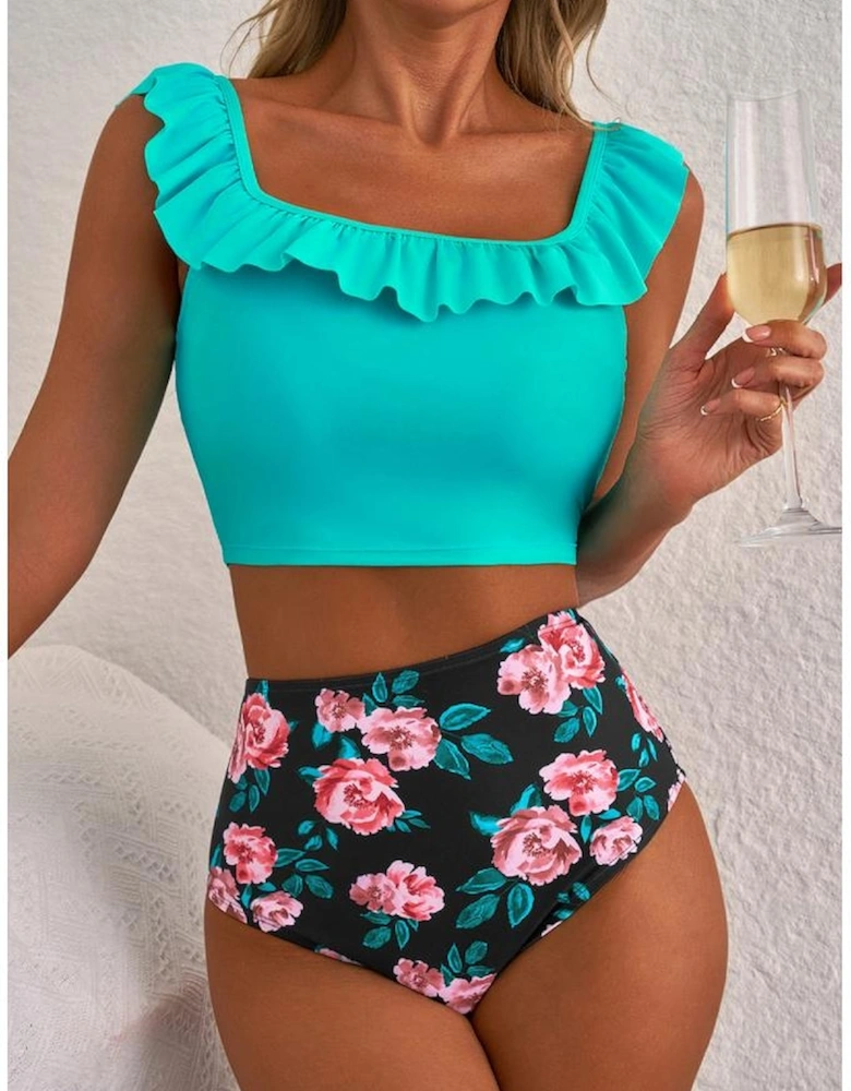 Sea Green Solid Ruffled Square Neck Swim Top and Floral Shorts Bikini Set