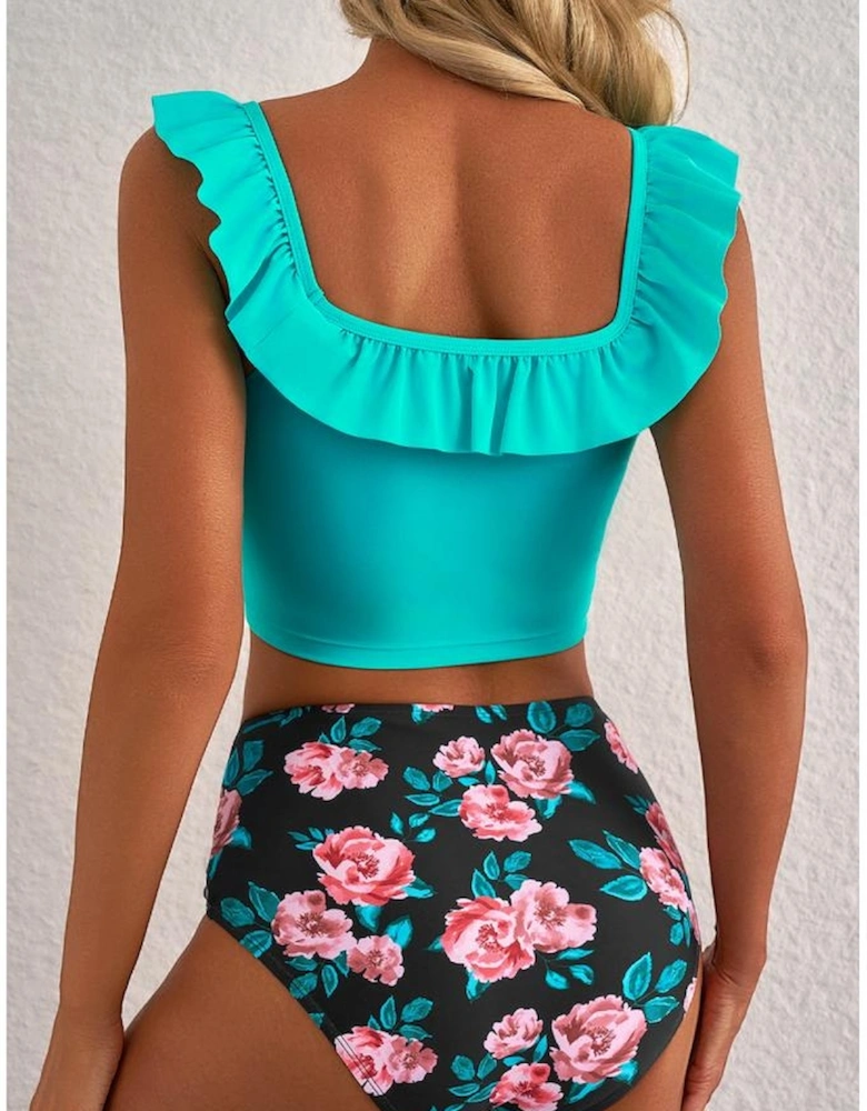 Sea Green Solid Ruffled Square Neck Swim Top and Floral Shorts Bikini Set