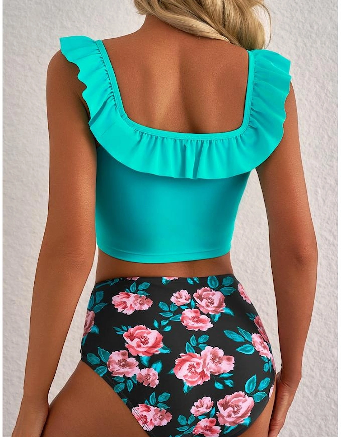 Sea Green Solid Ruffled Square Neck Swim Top and Floral Shorts Bikini Set