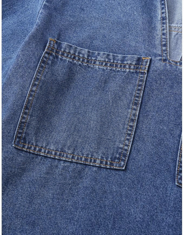 Blue Short Sleeve Collared Patched Pocket Denim Mini Dress