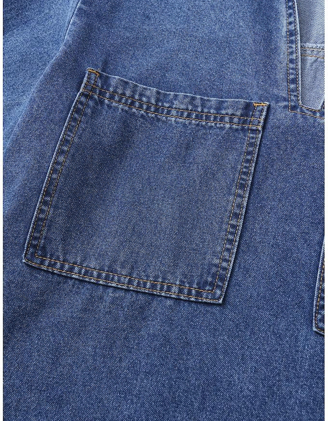 Blue Short Sleeve Collared Patched Pocket Denim Mini Dress