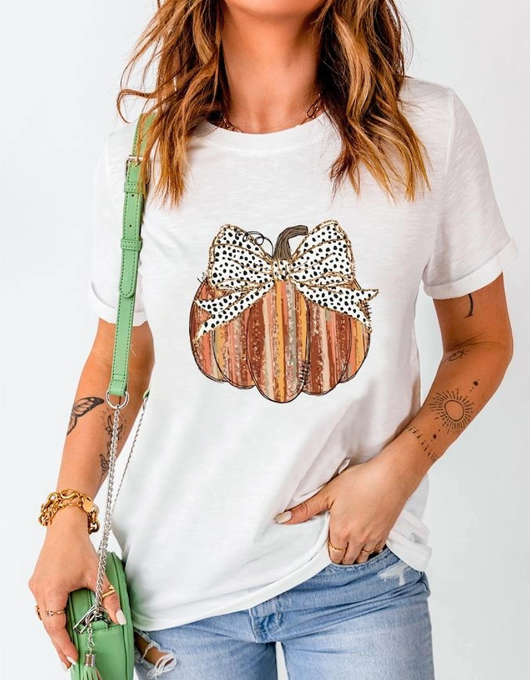 White Thanksgiving Bow Knot Pumpkin Print Round Neck T Shirt